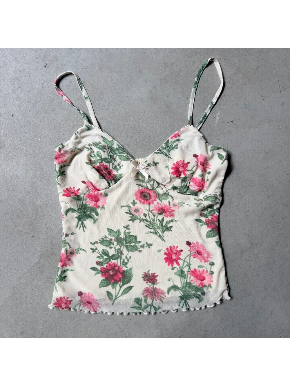 Floral Low Cut Tank Top w/ Adjustable Spaghetti String Straps Mesh Camisole Tank